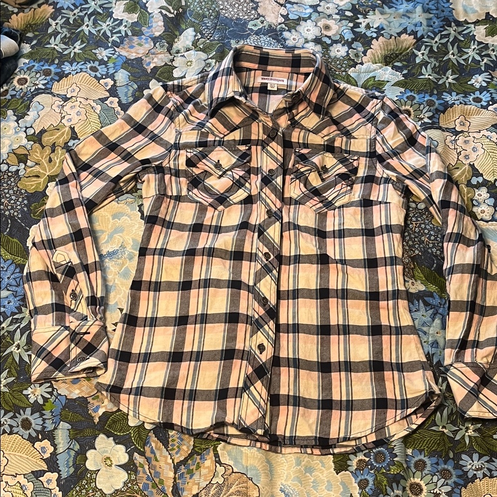 True Religion Western Blue cream and pink plaid button up shirt